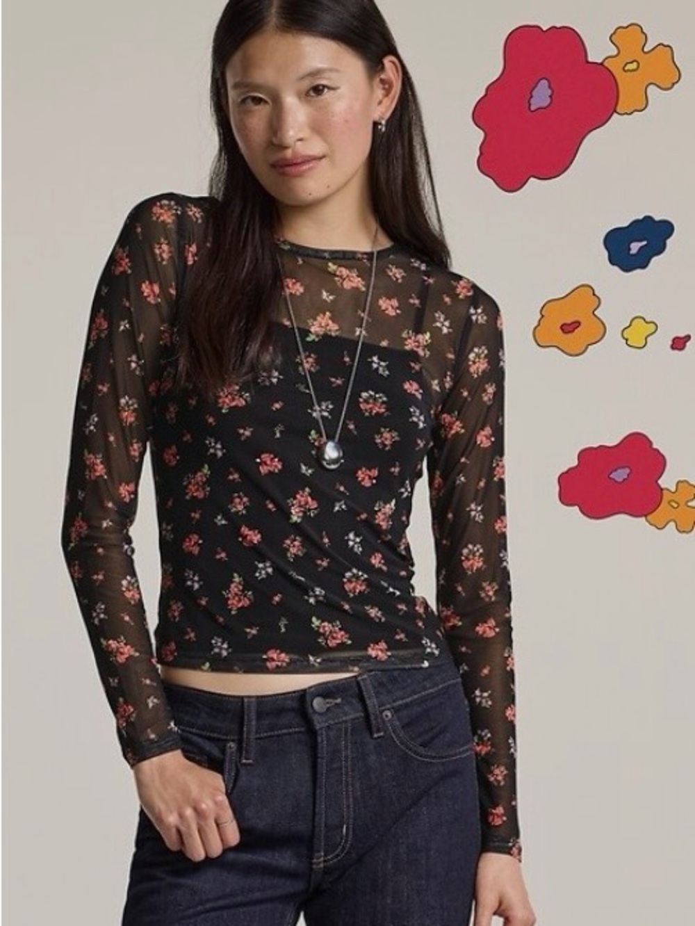 Anna Sui for Old Navy Black Floral Sheer Long-Sleeve Mesh Top